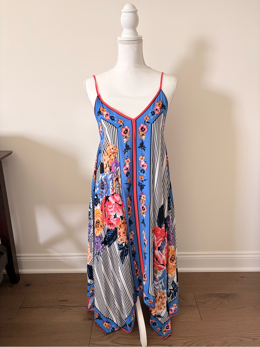 Flying Tomato Blue Floral Asymmetrical Maxi Dress with Coral Trim